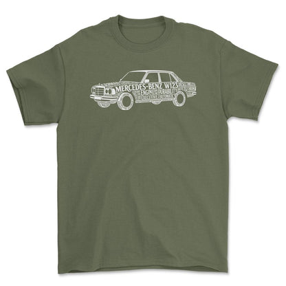 Mercedes W123 Old School Typography - Unisex T-Shirt-Beklædning-Mercedes-Grøn Militær-S-Forside-Garage Culture Shop- garage - man cave - merchandise