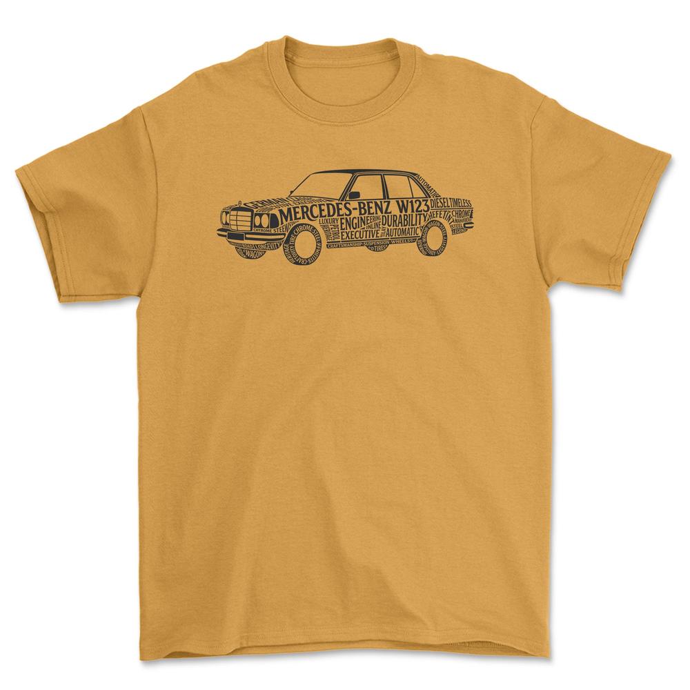 Mercedes W123 Old School Typography - Unisex T-Shirt-Beklædning-Mercedes-Guld-S-Forside-Garage Culture Shop- garage - man cave - merchandise