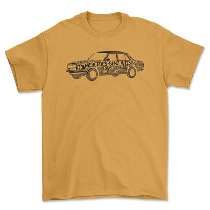 Mercedes W123 Old School Typography - Unisex T-Shirt-Beklædning-Mercedes-Guld-S-Forside-Garage Culture Shop- garage - man cave - merchandise