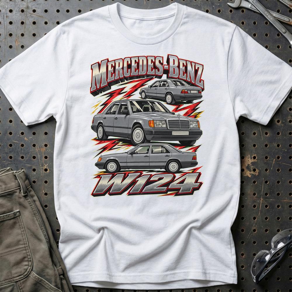 Mercedes W124 T-Shirt-Beklædning-Mercedes-Hvid-S-Garage Culture Shop- garage - man cave - merchandise
