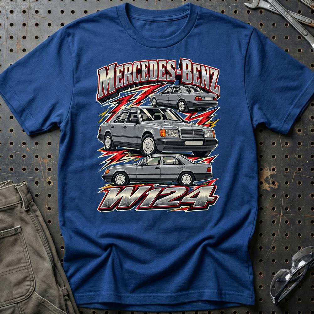 Mercedes W124 T-Shirt-Beklædning-Mercedes-Blå Royal-S-Garage Culture Shop- garage - man cave - merchandise