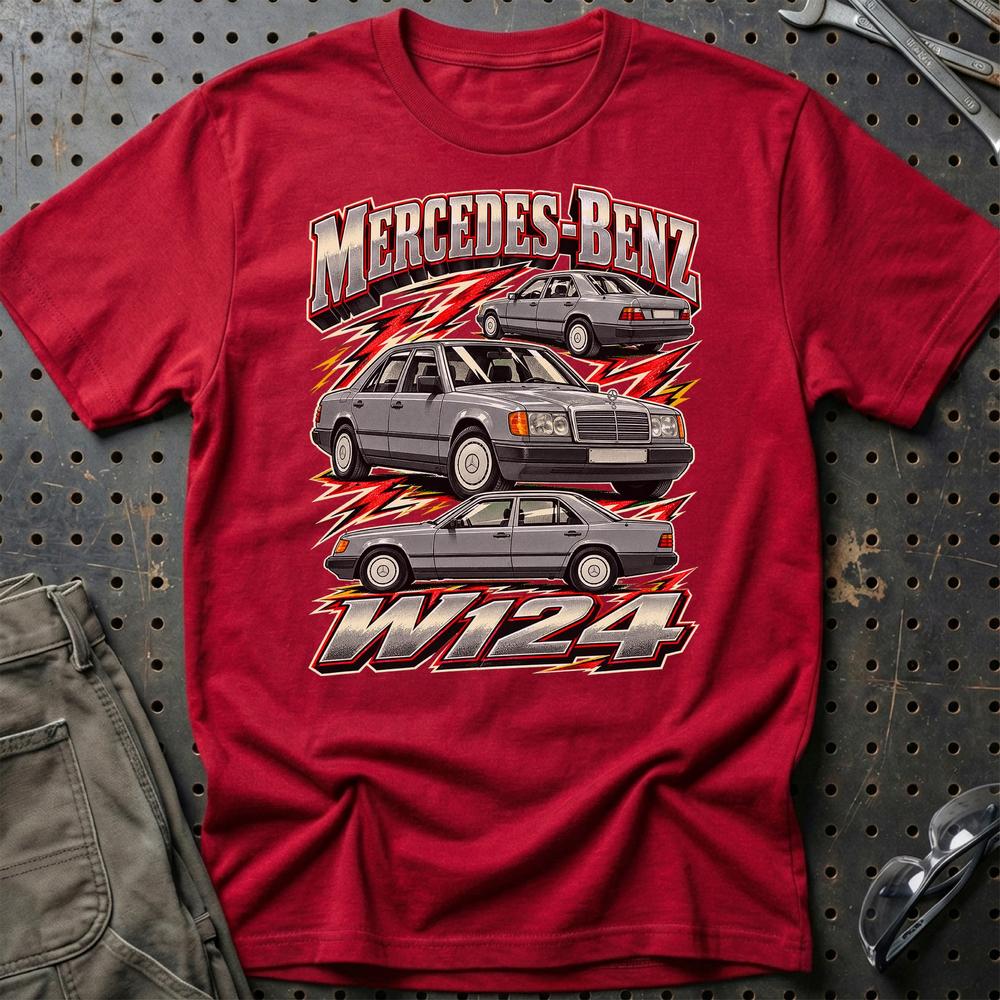 Mercedes W124 T-Shirt-Beklædning-Mercedes-Rød-S-Garage Culture Shop- garage - man cave - merchandise