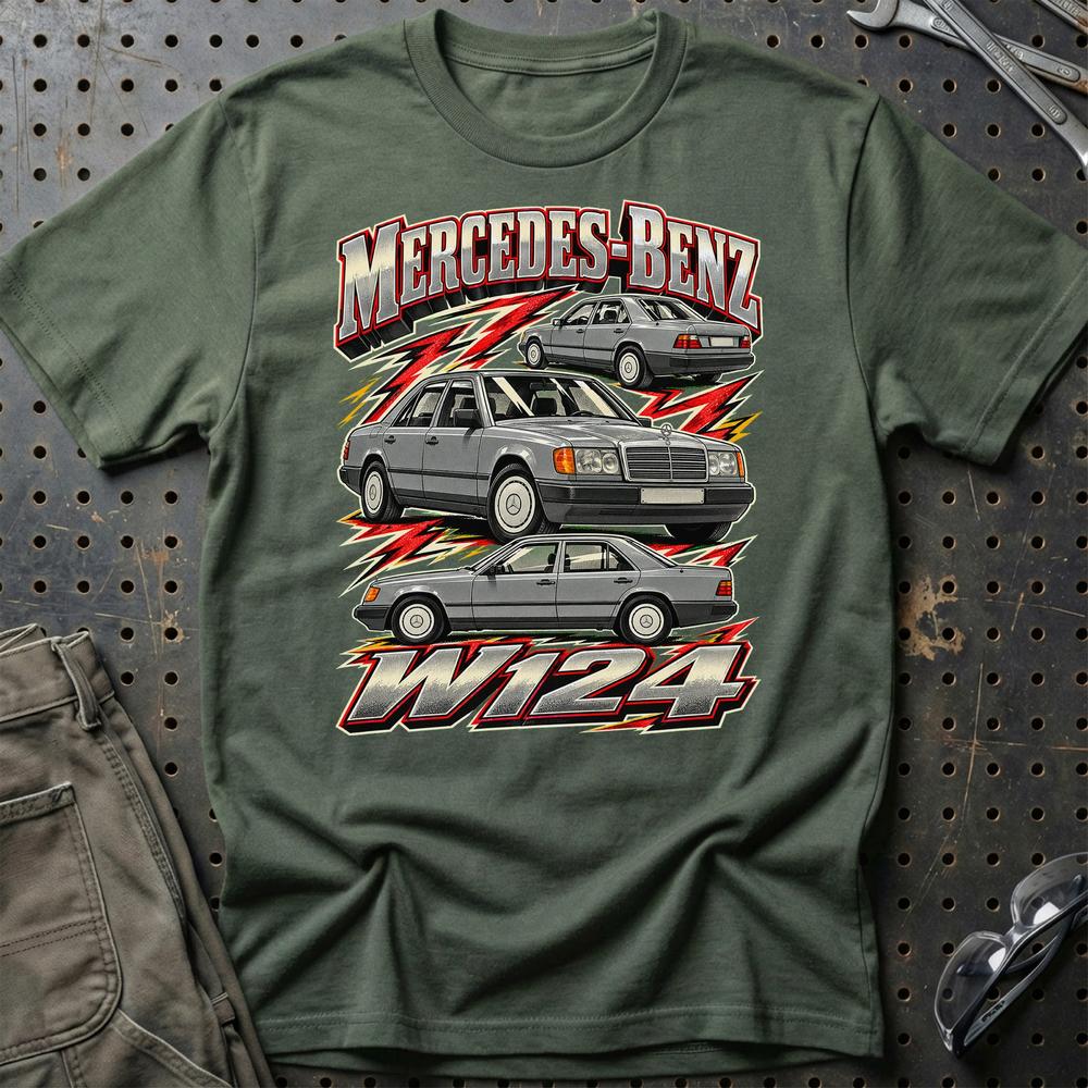 Mercedes W124 T-Shirt-Beklædning-Mercedes-Grøn Militær-S-Garage Culture Shop- garage - man cave - merchandise