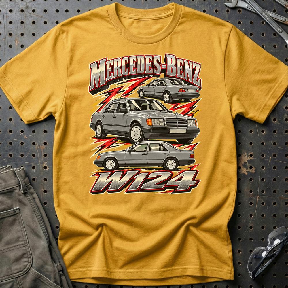Mercedes W124 T-Shirt-Beklædning-Mercedes-Guld-S-Garage Culture Shop- garage - man cave - merchandise