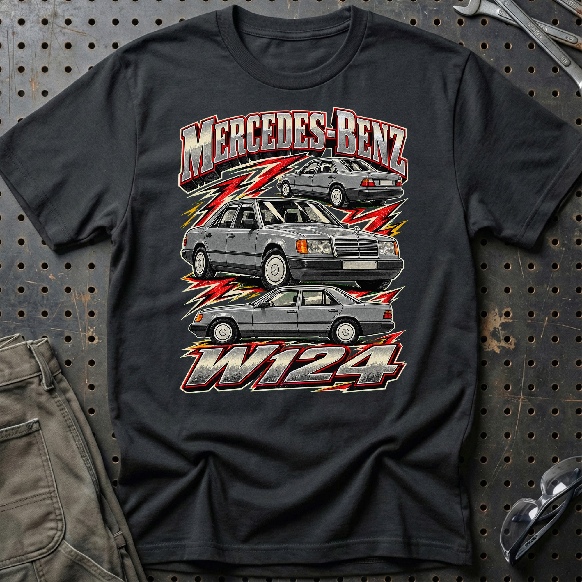 Mercedes W124 T-Shirt-Beklædning-Mercedes-Sort-S-Garage Culture Shop- garage - man cave - merchandise