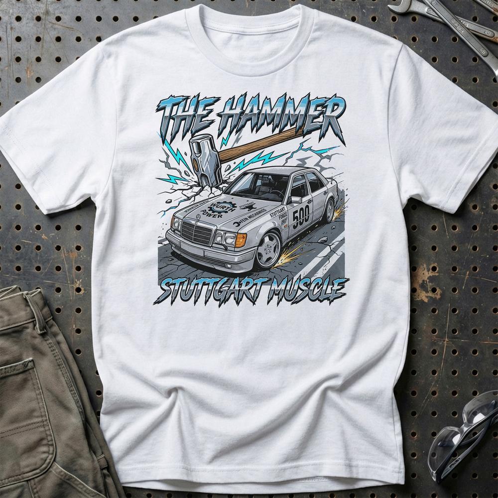 Mercedes W124 T-Shirt - The Hammer | Stuttgart Muscle T-Shirt-Beklædning-Mercedes-Hvid-S-Garage Culture Shop- garage - man cave - merchandise
