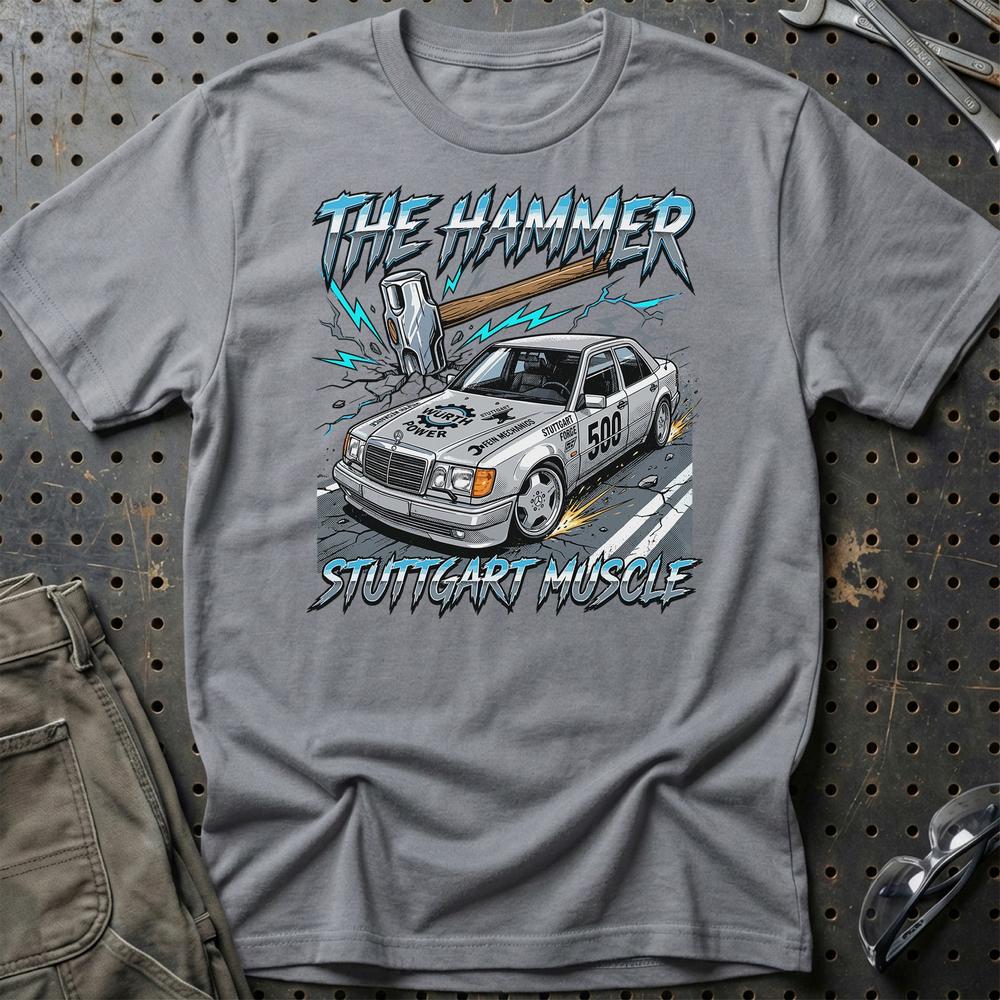 Mercedes W124 T-Shirt - The Hammer | Stuttgart Muscle T-Shirt-Beklædning-Mercedes-Grå Sport-S-Garage Culture Shop- garage - man cave - merchandise