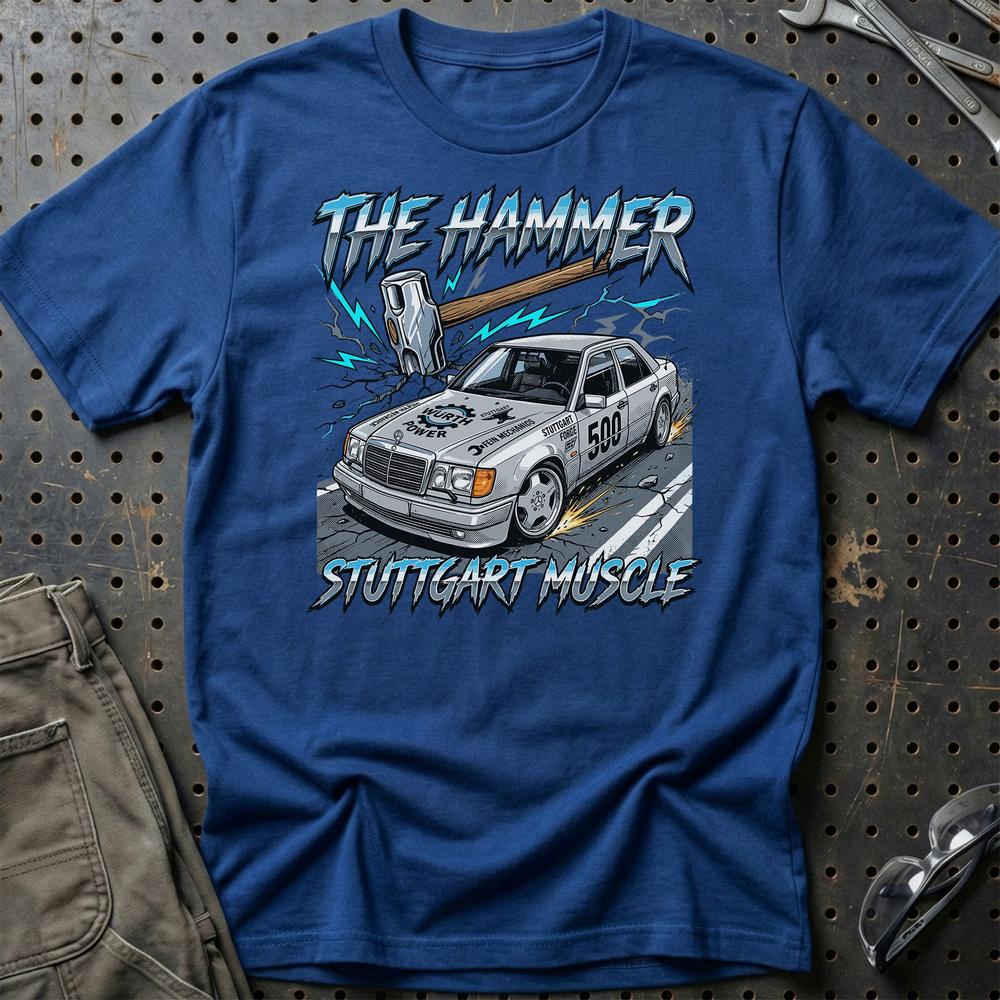 Mercedes W124 T-Shirt - The Hammer | Stuttgart Muscle T-Shirt-Beklædning-Mercedes-Blå Royal-S-Garage Culture Shop- garage - man cave - merchandise