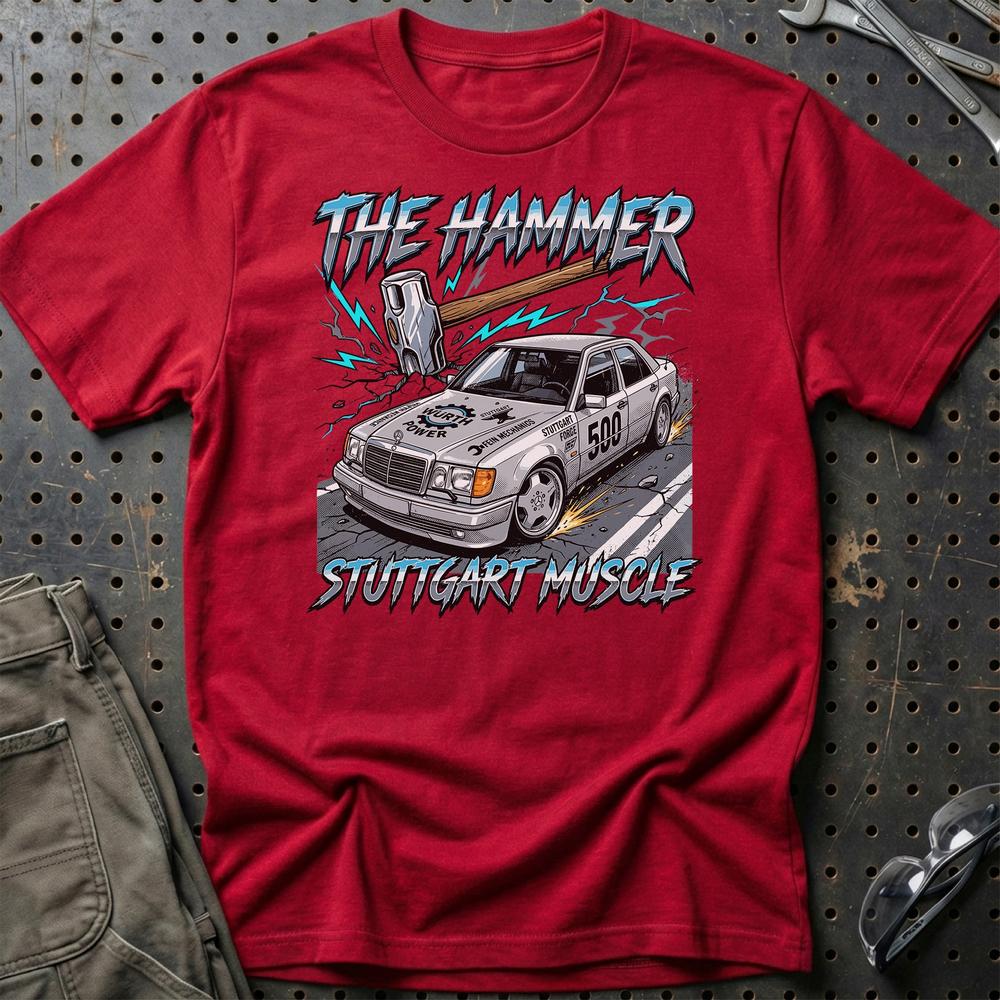 Mercedes W124 T-Shirt - The Hammer | Stuttgart Muscle T-Shirt-Beklædning-Mercedes-Rød-S-Garage Culture Shop- garage - man cave - merchandise