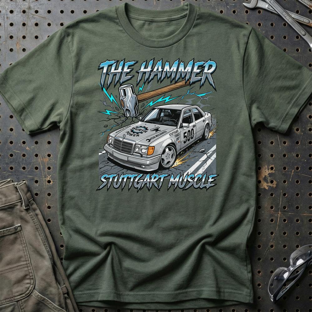 Mercedes W124 T-Shirt - The Hammer | Stuttgart Muscle T-Shirt-Beklædning-Mercedes-Grøn Militær-S-Garage Culture Shop- garage - man cave - merchandise