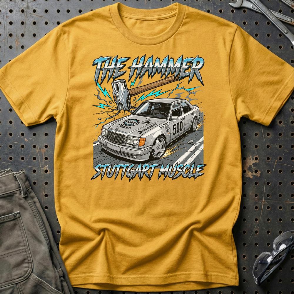 Mercedes W124 T-Shirt - The Hammer | Stuttgart Muscle T-Shirt-Beklædning-Mercedes-Guld-S-Garage Culture Shop- garage - man cave - merchandise
