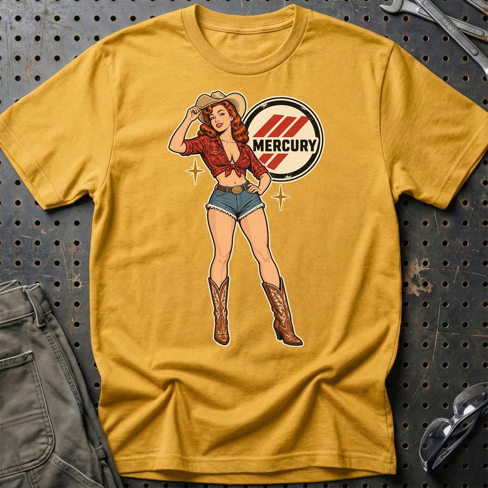 Mercury Cowboy Pinup T-Shirt-Beklædning-Mercury-Guld-S-Garage Culture Shop- garage - man cave - merchandise