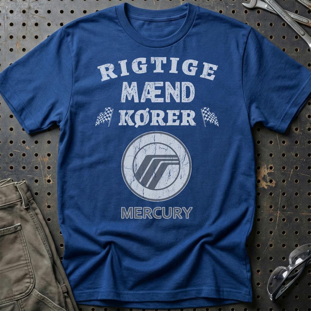 Mercury Rigtige Mænd Kører T-Shirt-Beklædning-Mercury-Blå Royal-S-Garage Culture Shop- garage - man cave - merchandise