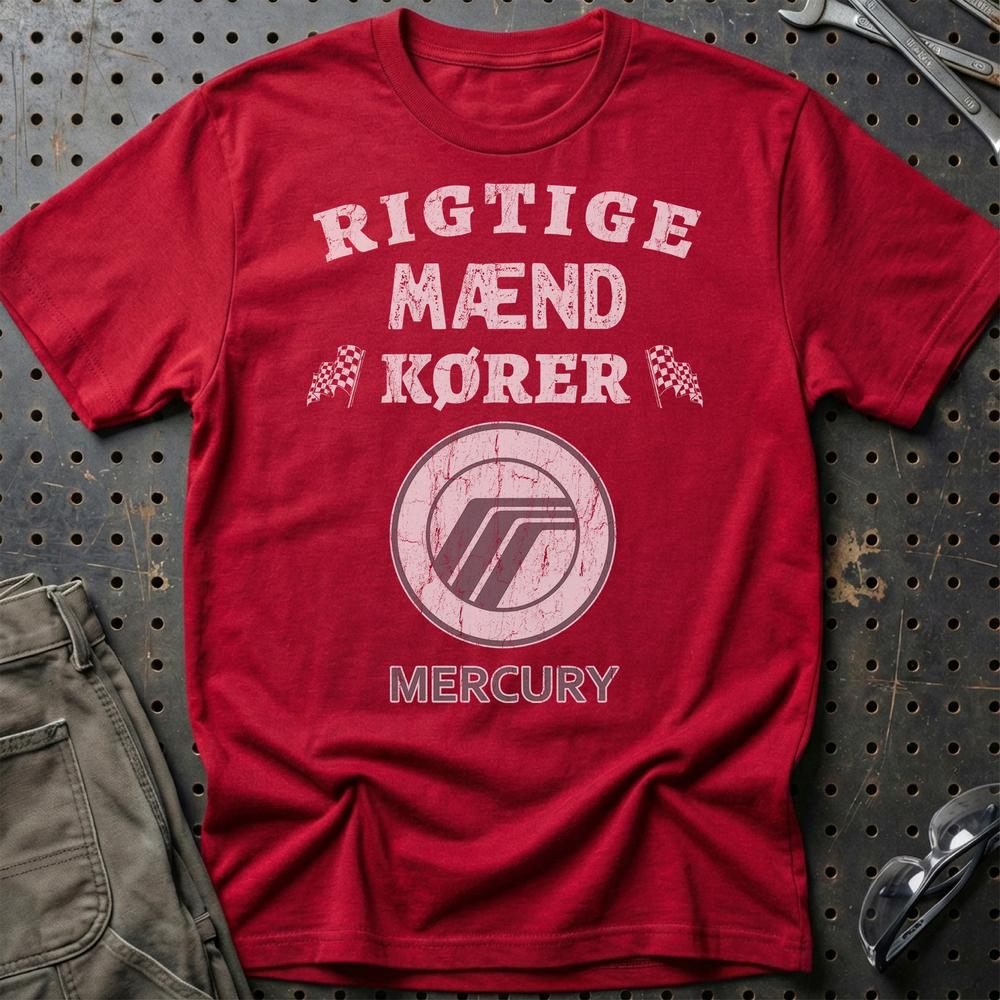 Mercury Rigtige Mænd Kører T-Shirt-Beklædning-Mercury-Rød-S-Garage Culture Shop- garage - man cave - merchandise