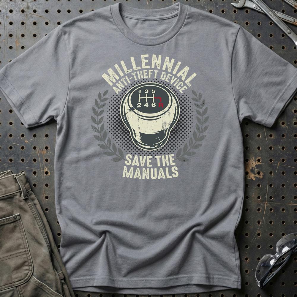 Millennial Anti-Theft Device Save The Manuals T-Shirt-Beklædning-Garage Culture-Grå Sport-S-Garage Culture Shop- garage - man cave - merchandise
