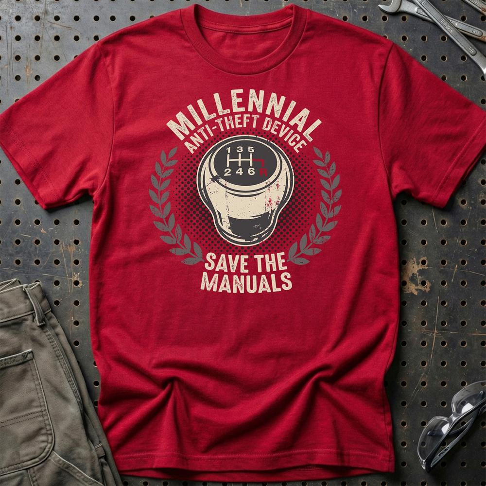 Millennial Anti-Theft Device Save The Manuals T-Shirt-Beklædning-Garage Culture-Rød-S-Garage Culture Shop- garage - man cave - merchandise