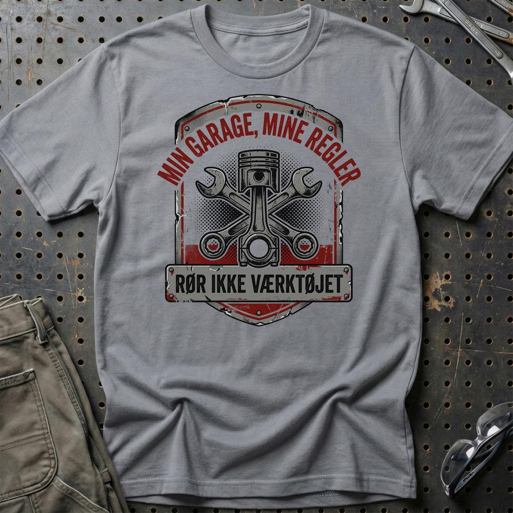 Min Garage, Mine Regler – Rør Ikke Værktøjet - Unisex T-Shirt , Bomuld-Beklædning-Garage Culture-Grå Sport-S-Garage Culture Shop- garage - man cave - merchandise