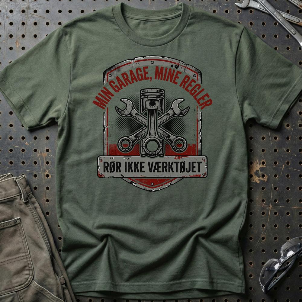 Min Garage, Mine Regler – Rør Ikke Værktøjet - Unisex T-Shirt , Bomuld-Beklædning-Garage Culture-Grøn Militær-S-Garage Culture Shop- garage - man cave - merchandise