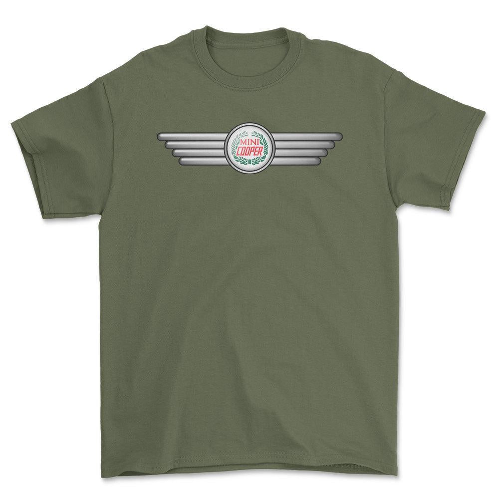 Mini Cooper 1962-1968 - Unisex T-Shirt , Bomuld-Beklædning-Mini-Grøn Militær-S-Forside-Garage Culture Shop- garage - man cave - merchandise