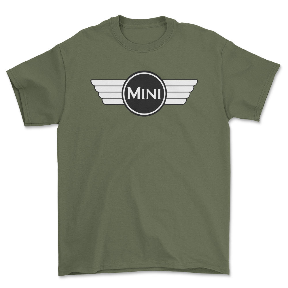 Mini Cooper 1968-1969 - Unisex T-Shirt , Bomuld-Beklædning-Mini-Grøn Militær-S-Forside-Garage Culture Shop- garage - man cave - merchandise