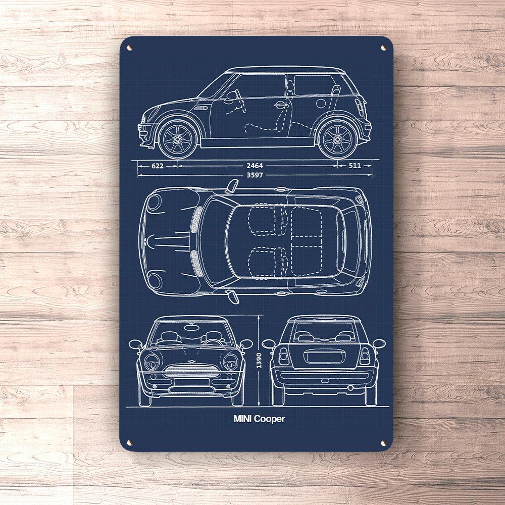 Mini Cooper Blueprint Skilte, Musemåtte, Dørmåtte , Plakat-Blueprint-Mini-Garage Culture Shop- garage - man cave - merchandise