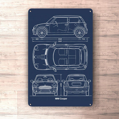 Mini Cooper Blueprint Skilte, Musemåtte, Dørmåtte , Plakat-Blueprint-Mini-Garage Culture Shop- garage - man cave - merchandise