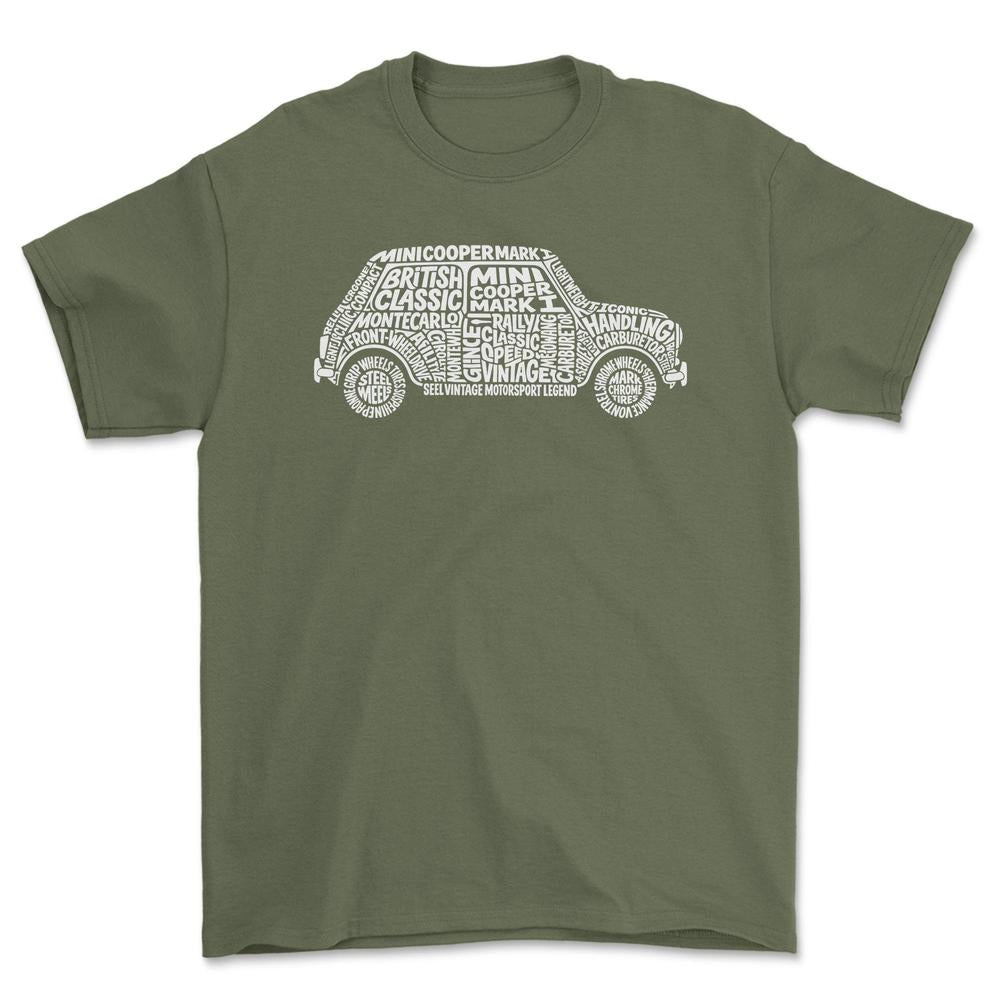 Mini Cooper Old School Typography - Unisex T-Shirt-Beklædning-Mini-Grøn Militær-S-Forside-Garage Culture Shop- garage - man cave - merchandise
