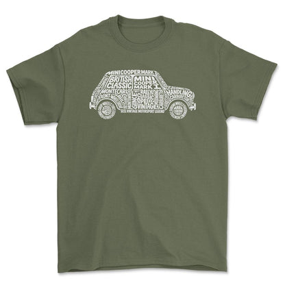Mini Cooper Old School Typography - Unisex T-Shirt-Beklædning-Mini-Grøn Militær-S-Forside-Garage Culture Shop- garage - man cave - merchandise