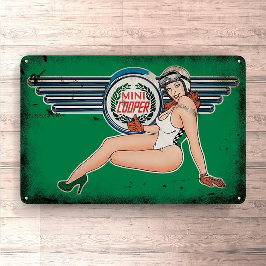 Mini Cooper Pin-Up Vintage Skilte, Musemåtte, Dørmåtte , Plakat-Skilte-Mini-Garage Culture Shop- garage - man cave - merchandise