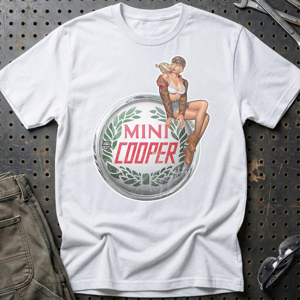 Mini Cooper Pinup T-Shirt-Beklædning-Mini-Hvid-S-Garage Culture Shop- garage - man cave - merchandise
