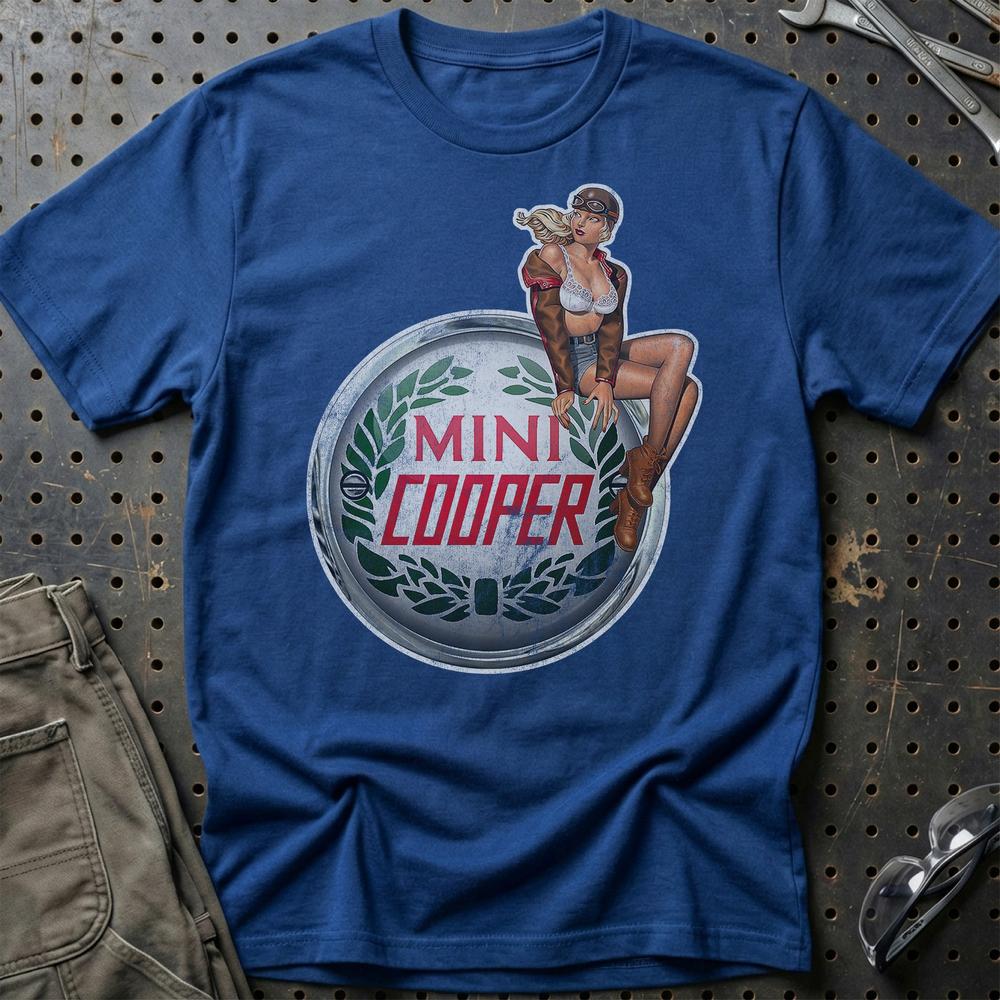 Mini Cooper Pinup T-Shirt-Beklædning-Mini-Blå Royal-S-Garage Culture Shop- garage - man cave - merchandise