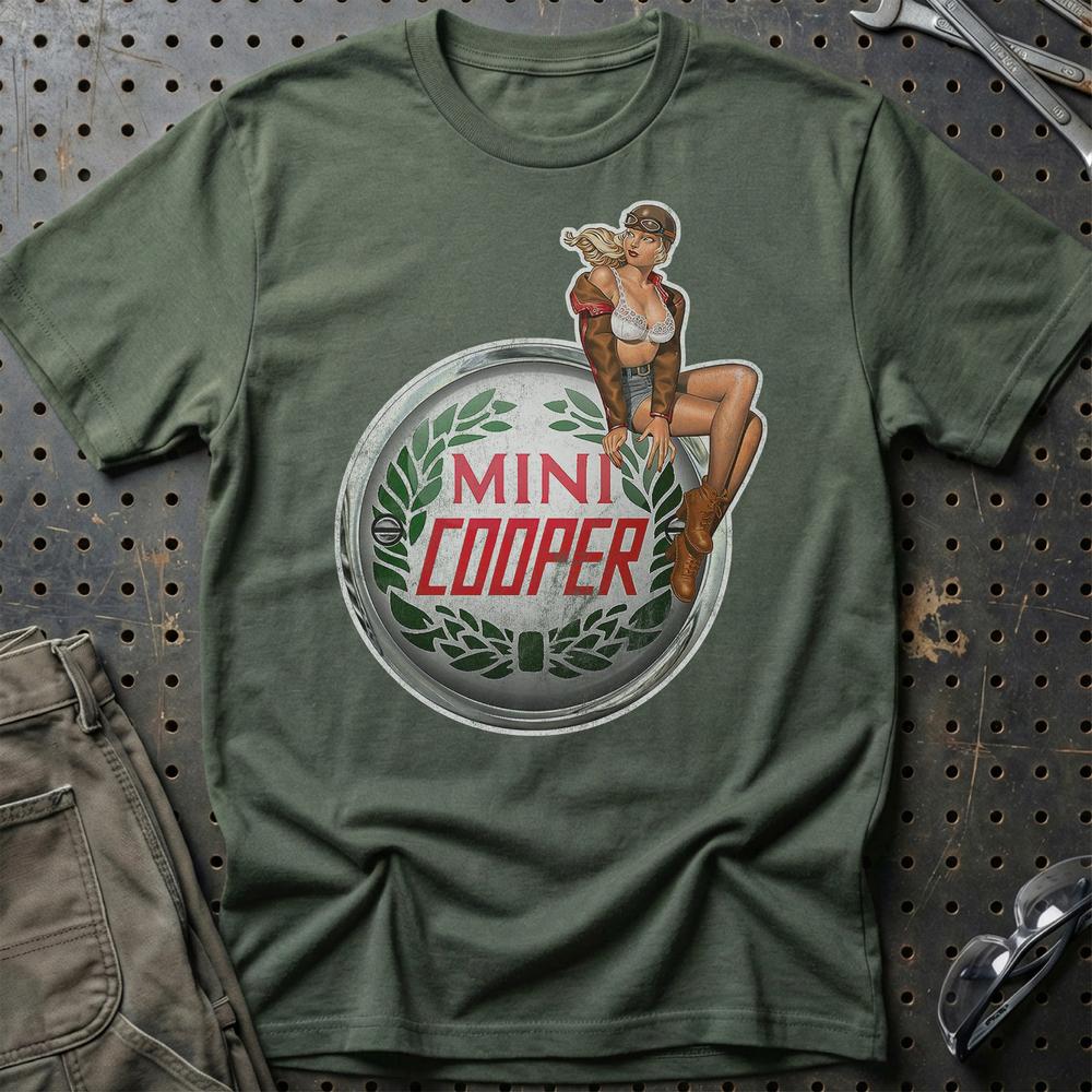 Mini Cooper Pinup T-Shirt-Beklædning-Mini-Grøn Militær-S-Garage Culture Shop- garage - man cave - merchandise