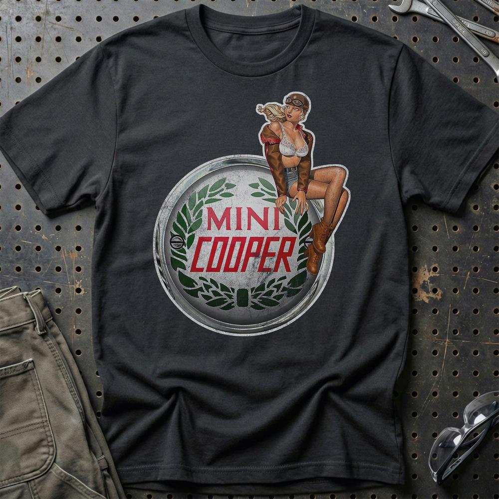 Mini Cooper Pinup T-Shirt-Beklædning-Mini-Sort-S-Garage Culture Shop- garage - man cave - merchandise