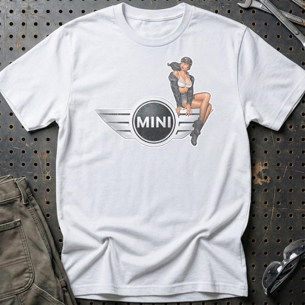 Mini Cooper Pinup - Unisex T-Shirt , Bomuld-Beklædning-Mini-Hvid-S-Garage Culture Shop- garage - man cave - merchandise