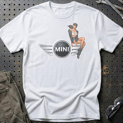 Mini Cooper Pinup - Unisex T-Shirt , Bomuld-Beklædning-Mini-Hvid-S-Garage Culture Shop- garage - man cave - merchandise