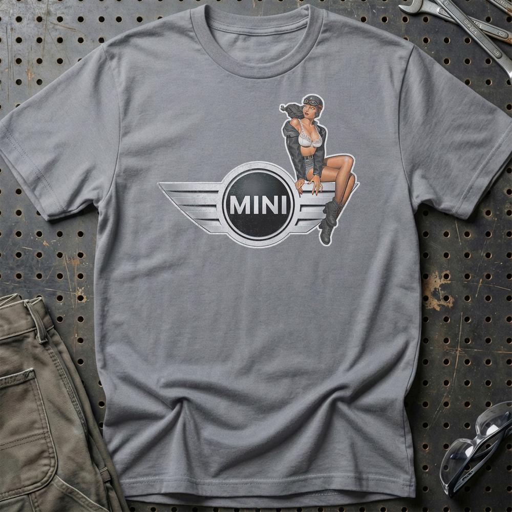 Mini Cooper Pinup - Unisex T-Shirt , Bomuld-Beklædning-Mini-Grå Sport-S-Garage Culture Shop- garage - man cave - merchandise