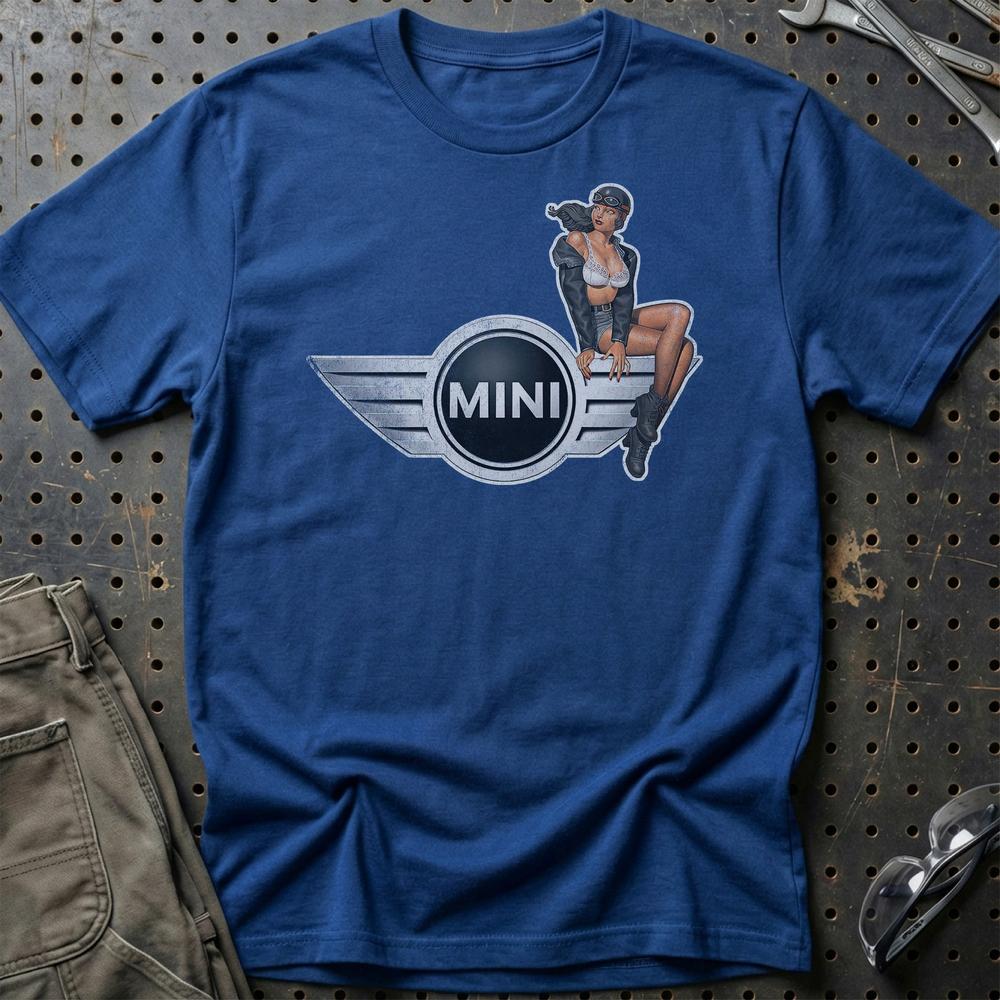 Mini Cooper Pinup - Unisex T-Shirt , Bomuld-Beklædning-Mini-Blå Royal-S-Garage Culture Shop- garage - man cave - merchandise