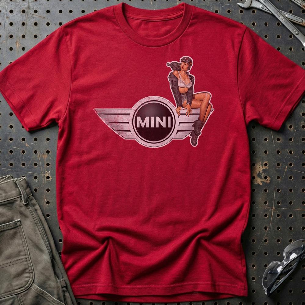 Mini Cooper Pinup - Unisex T-Shirt , Bomuld-Beklædning-Mini-Rød-S-Garage Culture Shop- garage - man cave - merchandise