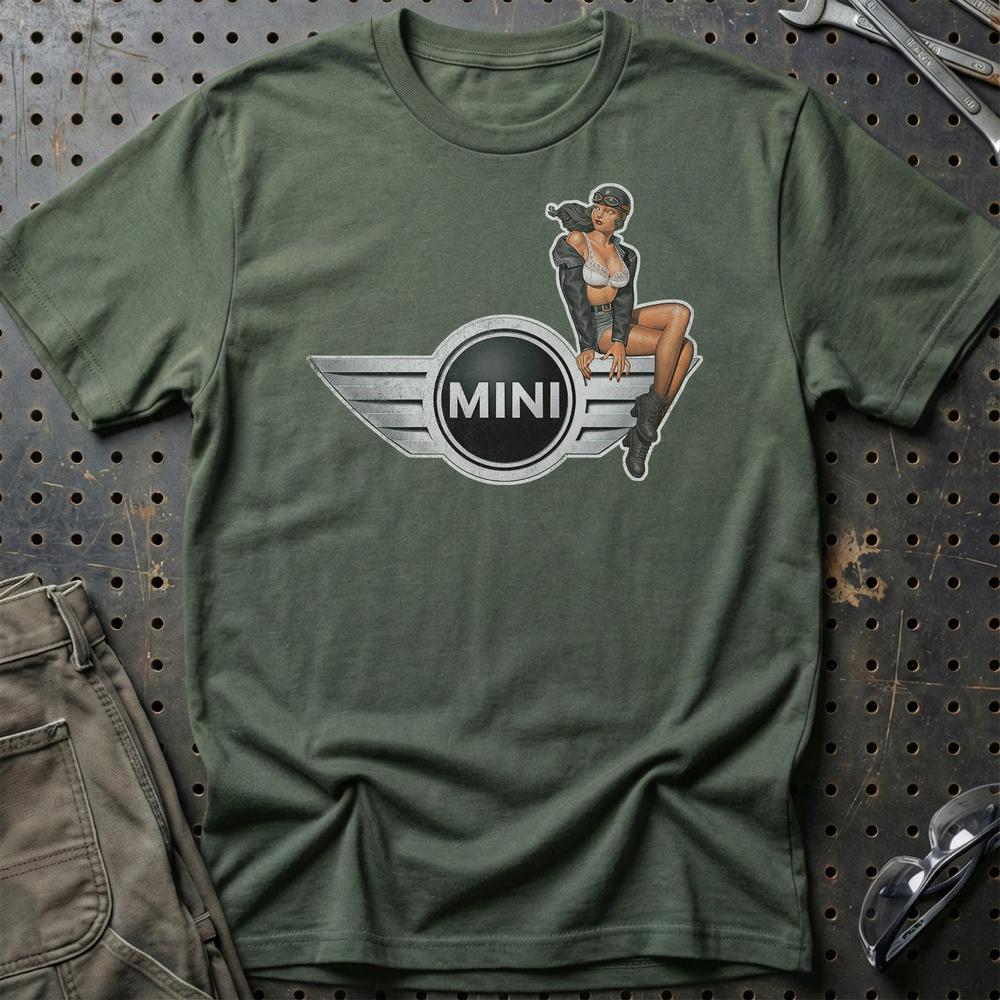 Mini Cooper Pinup - Unisex T-Shirt , Bomuld-Beklædning-Mini-Grøn Militær-S-Garage Culture Shop- garage - man cave - merchandise