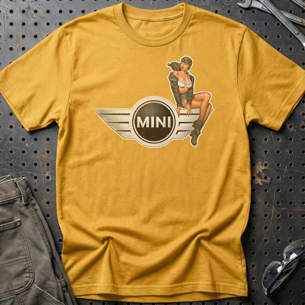 Mini Cooper Pinup - Unisex T-Shirt , Bomuld-Beklædning-Mini-Guld-S-Garage Culture Shop- garage - man cave - merchandise