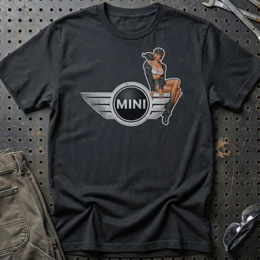 Mini Cooper Pinup - Unisex T-Shirt , Bomuld-Beklædning-Mini-Sort-S-Garage Culture Shop- garage - man cave - merchandise