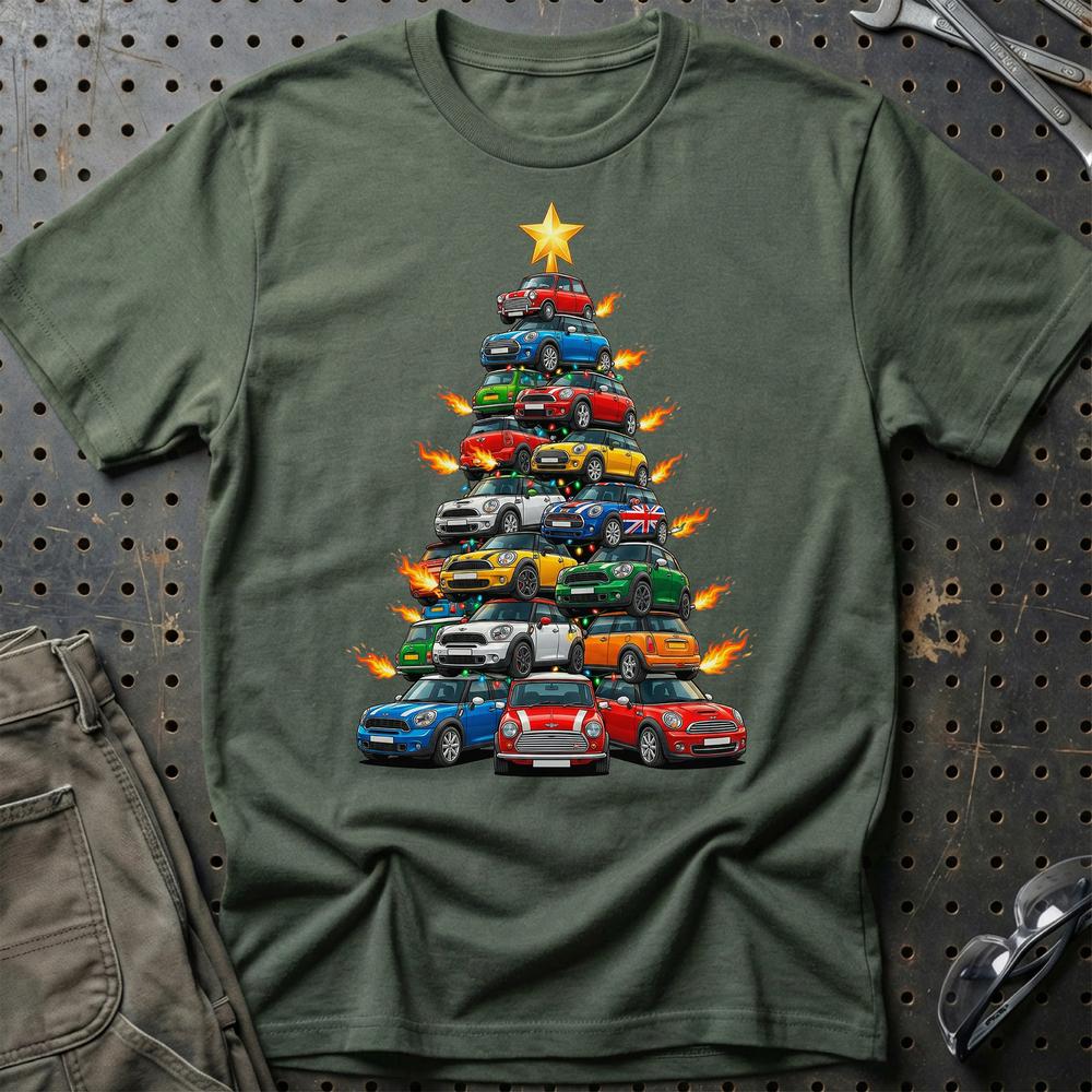 Mini Cooper new Juletræ Christmas Tree T-Shirt-Beklædning-Mini-Grøn Militær-S-Garage Culture Shop- garage - man cave - merchandise
