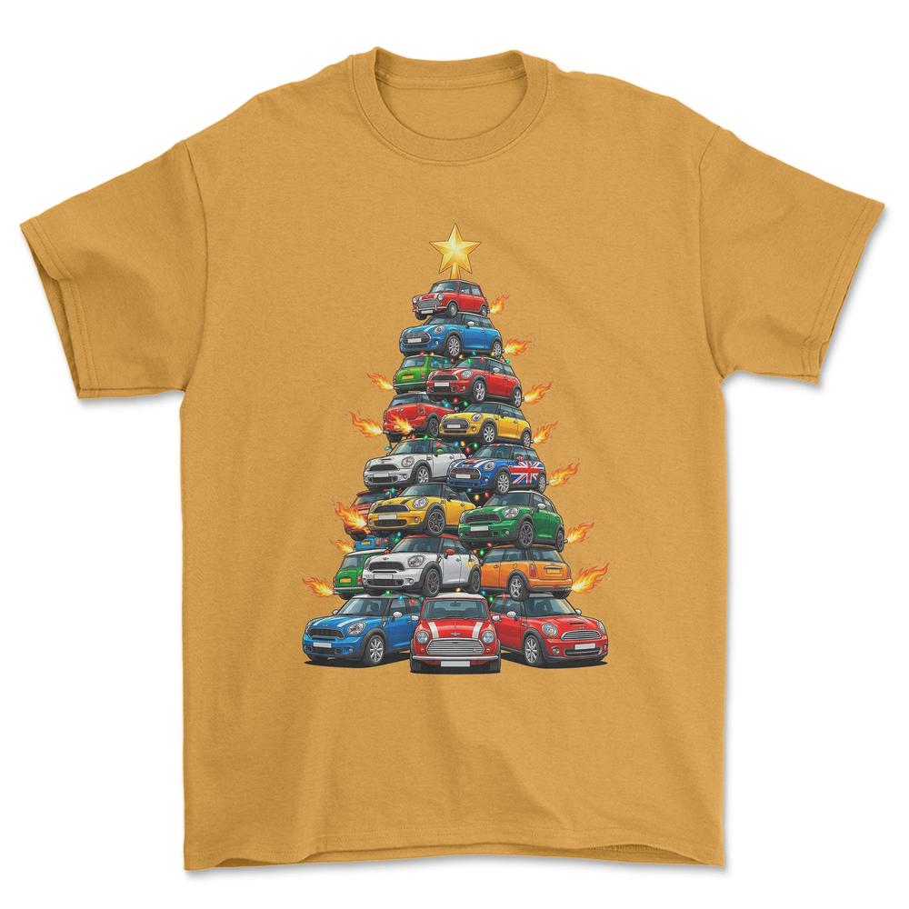 Mini Cooper new Juletræ Christmas Tree - Unisex T-Shirt-Beklædning-Mini-Guld-S-Forside-Garage Culture Shop- garage - man cave - merchandise