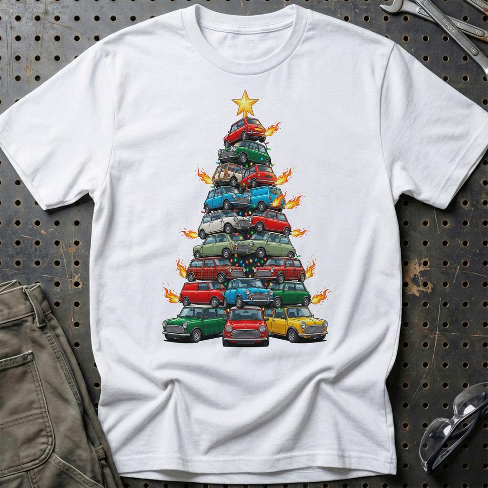 Mini Cooper old Juletræ Christmas Tree T-Shirt-Beklædning-Mini-Hvid-S-Garage Culture Shop- garage - man cave - merchandise