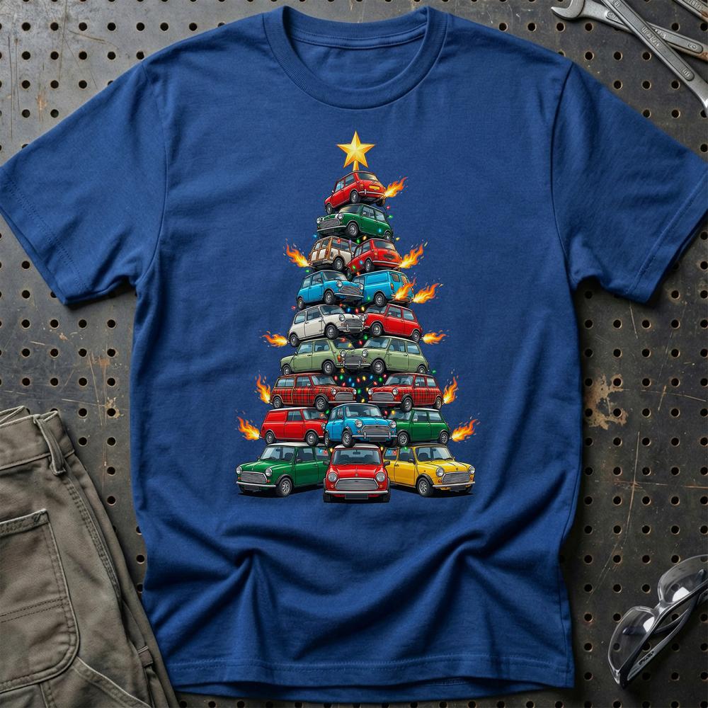 Mini Cooper old Juletræ Christmas Tree T-Shirt-Beklædning-Mini-Blå Royal-S-Garage Culture Shop- garage - man cave - merchandise