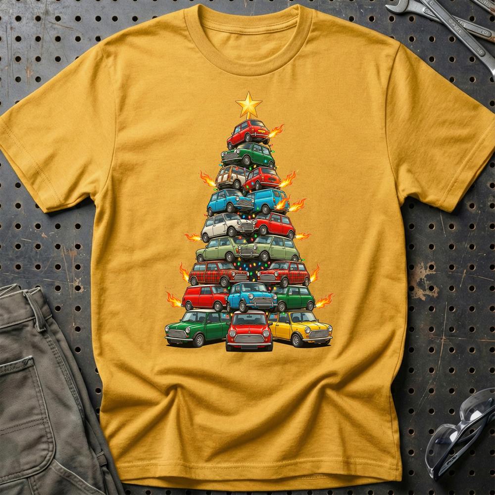 Mini Cooper old Juletræ Christmas Tree T-Shirt-Beklædning-Mini-Guld-S-Garage Culture Shop- garage - man cave - merchandise