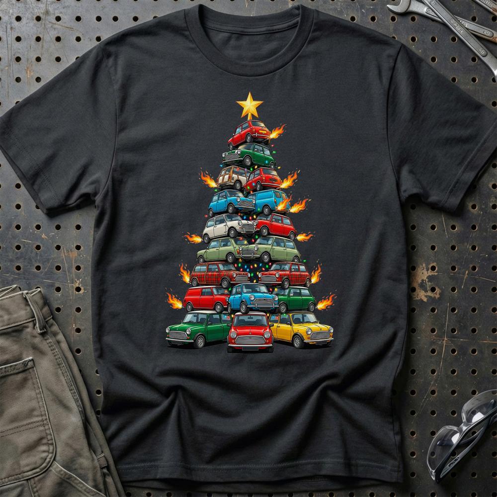 Mini Cooper old Juletræ Christmas Tree T-Shirt-Beklædning-Mini-Sort-S-Garage Culture Shop- garage - man cave - merchandise