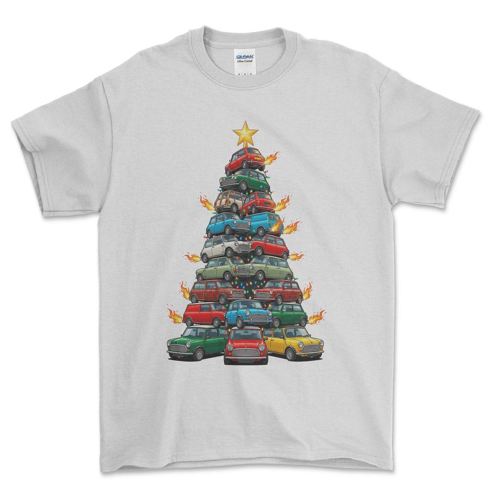 Mini Cooper old Juletræ Christmas Tree - Unisex T-Shirt-Beklædning-Mini-Hvid-S-Forside-Garage Culture Shop- garage - man cave - merchandise