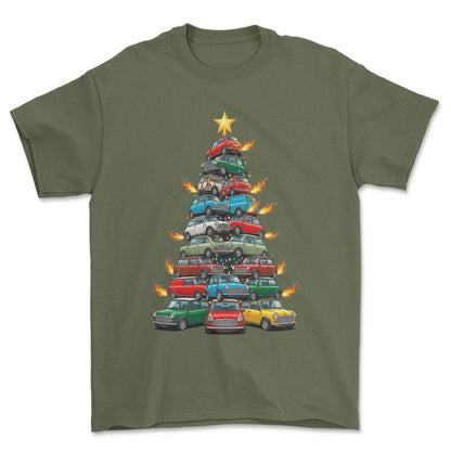 Mini Cooper old Juletræ Christmas Tree - Unisex T-Shirt-Beklædning-Mini-Grøn Militær-S-Forside-Garage Culture Shop- garage - man cave - merchandise