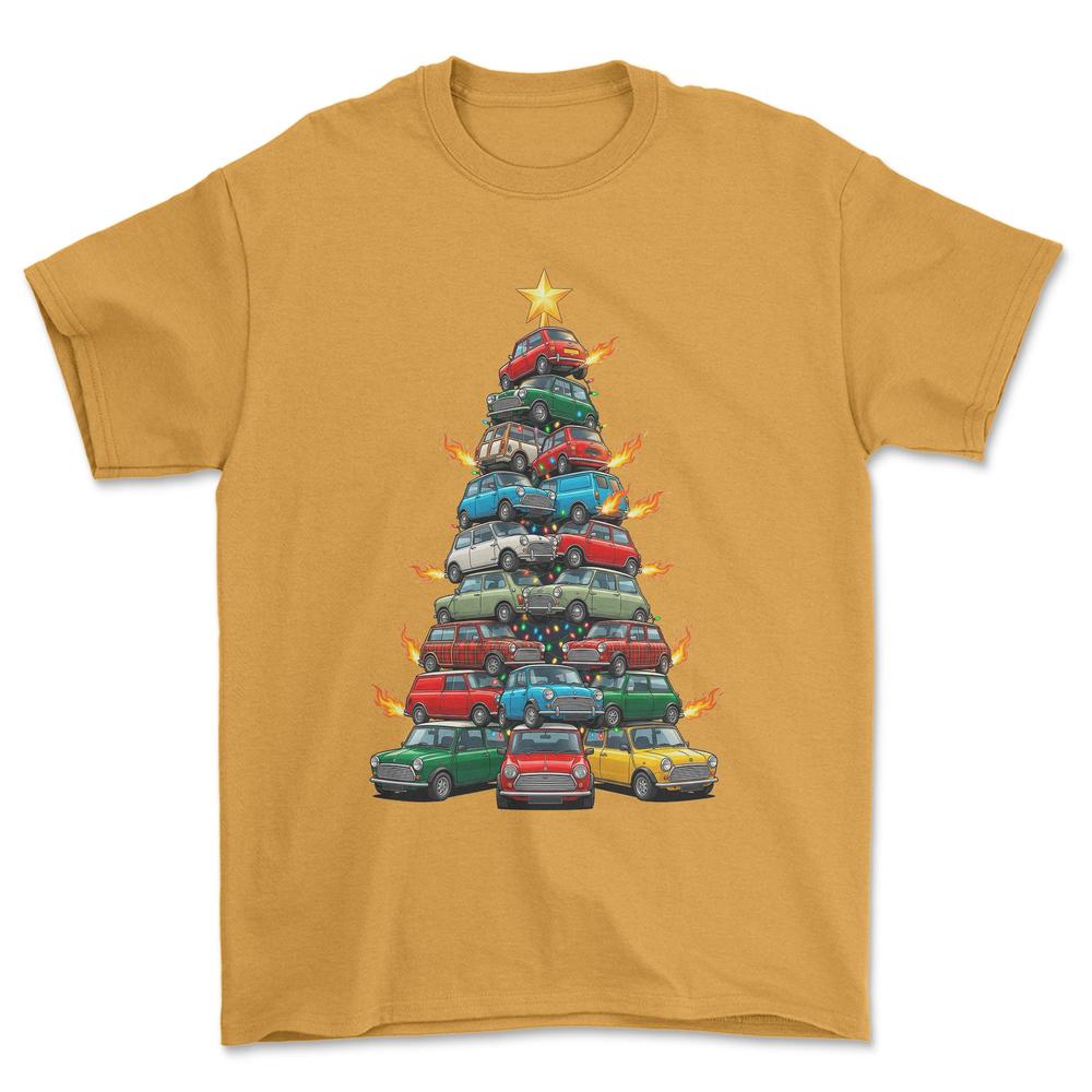Mini Cooper old Juletræ Christmas Tree - Unisex T-Shirt-Beklædning-Mini-Guld-S-Forside-Garage Culture Shop- garage - man cave - merchandise
